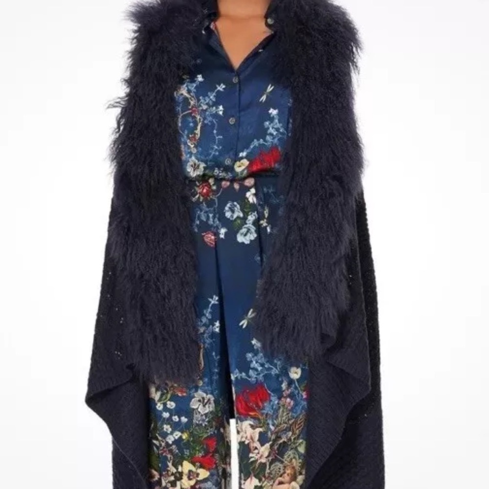 Camilla Navy Scarf & Wrap with Plush Texture and Open Front Design